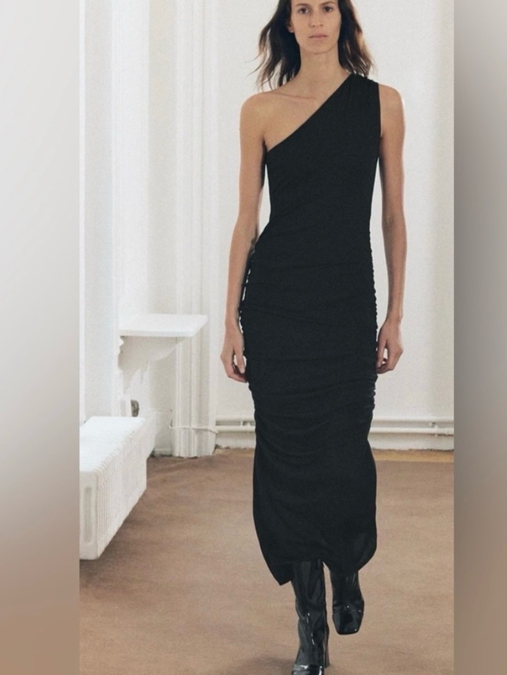 Zara One-Shoulder Black Ruched Maxi Gown